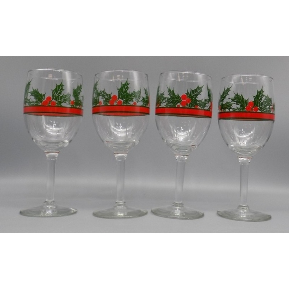 4 Libbey Holly & Berries Wine Glasses Holiday Christmas Water Goblet Vintage